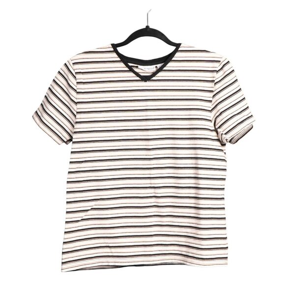 croft & barrow Tops - Croft & Barrow Striped VNeck Shirt L Womens Black Cream White Short Sleeve